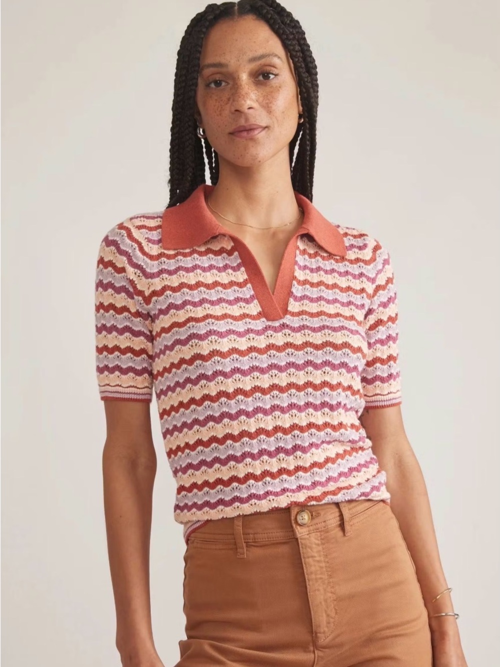 Marine Layer Women’s Spencer Polo Crochet Knit Top in Coral and Pink